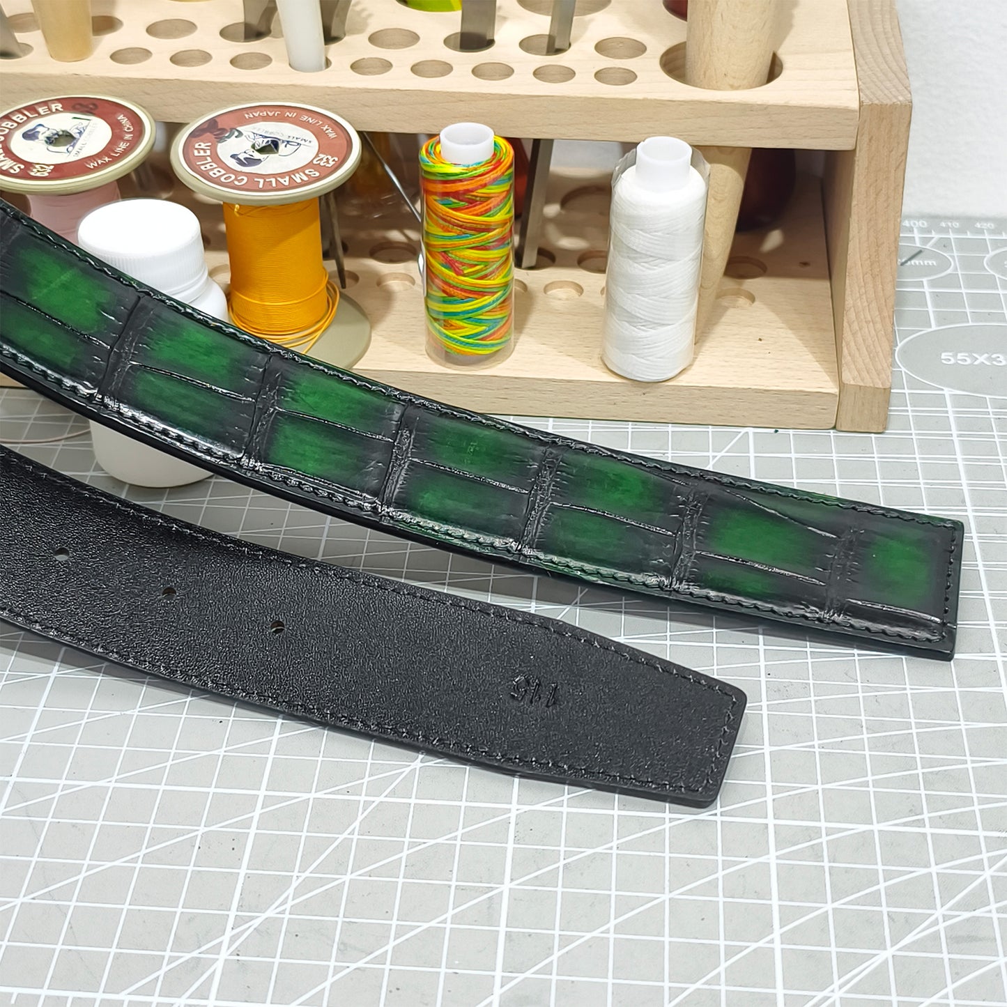 Handmade Genuine Alligator Belly Leather Pin Buckle Belt, Black & Emerald Green High-Gloss Texture