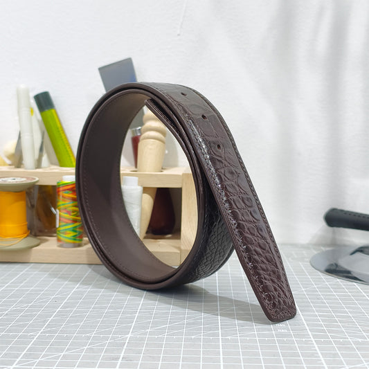 Handmade Genuine Alligator Belly Leather Pin Buckle Belt, Dark Brown High-Gloss Texture