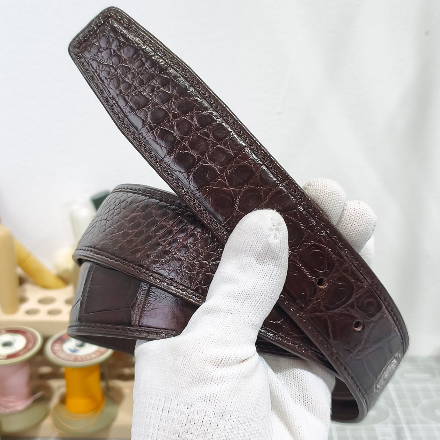 Handmade Genuine Alligator Belly Leather Pin Buckle Belt, Dark Brown High-Gloss Texture