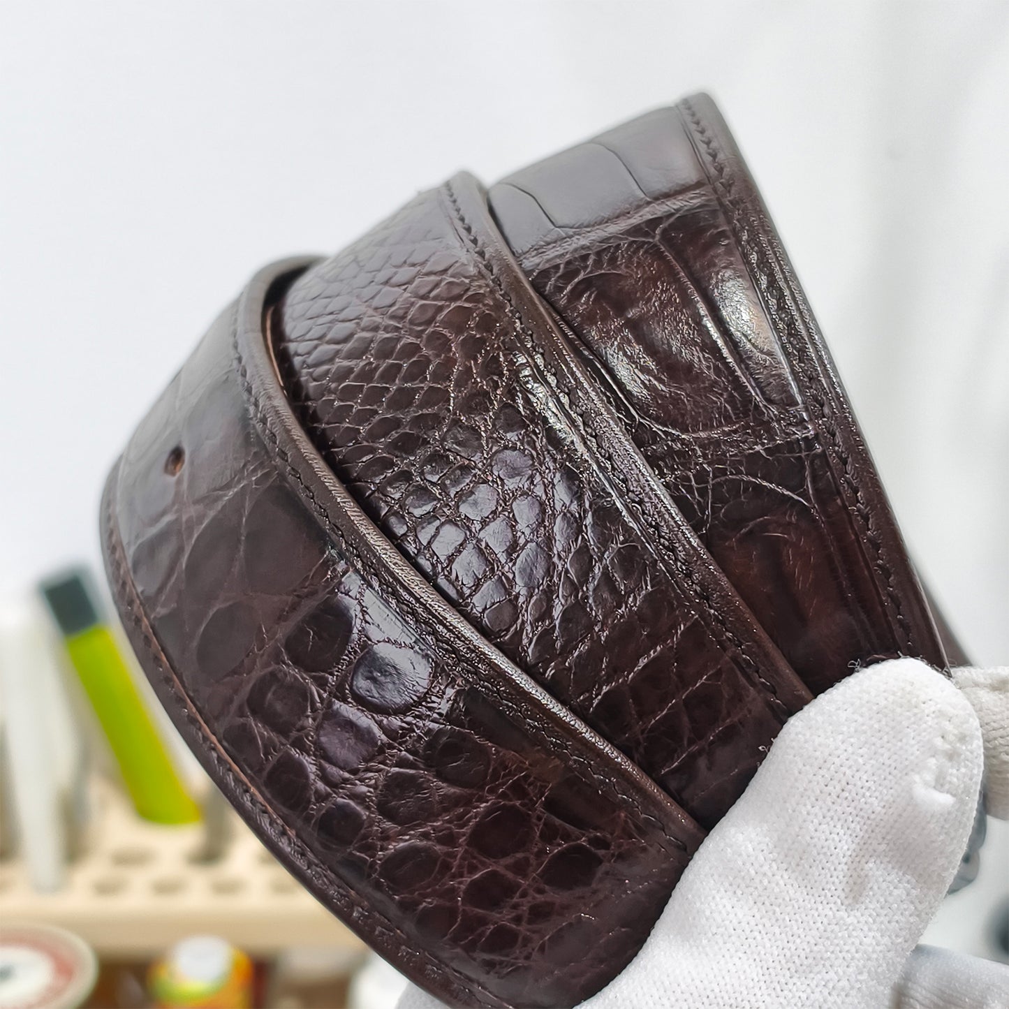 Handmade Genuine Alligator Belly Leather Pin Buckle Belt, Dark Brown High-Gloss Texture