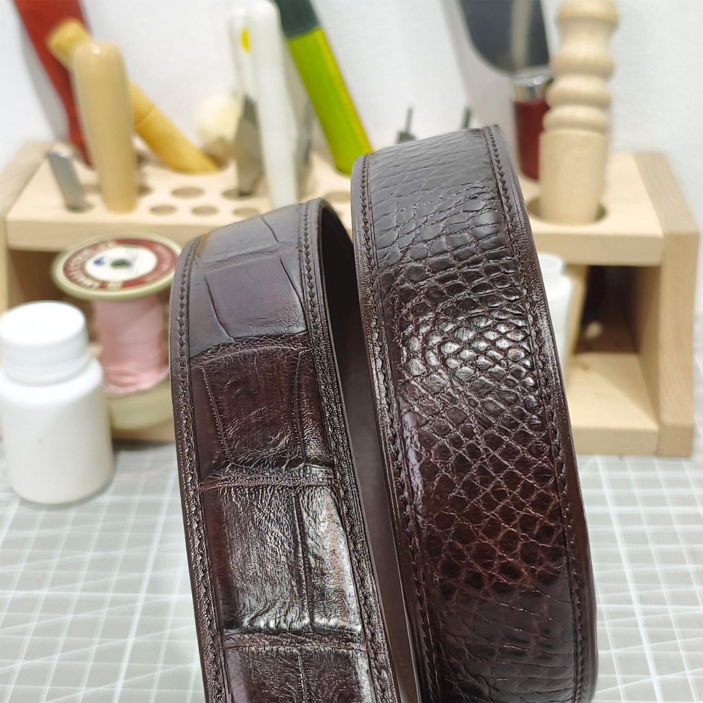 Handmade Genuine Alligator Belly Leather Pin Buckle Belt, Dark Brown High-Gloss Texture