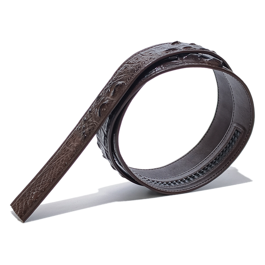 Handmade Genuine Alligator Horn Leather Ratchet Belt, Dark Brown High-Gloss Texture