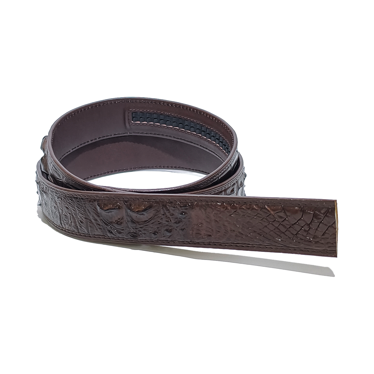 Handmade Genuine Alligator Horn Leather Ratchet Belt, Dark Brown High-Gloss Texture