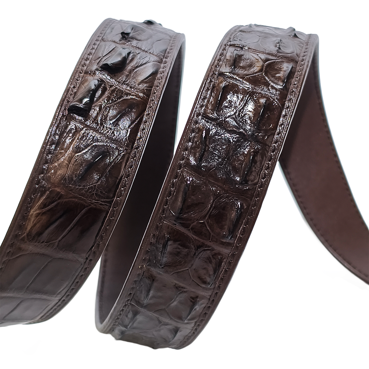 Handmade Genuine Alligator Horn Leather Ratchet Belt, Dark Brown High-Gloss Texture