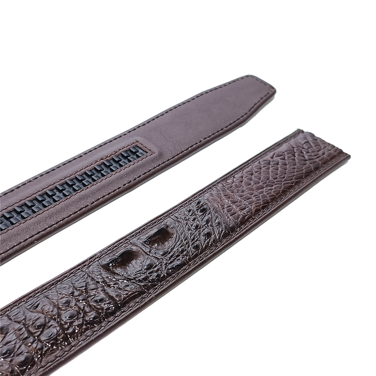 Handmade Genuine Alligator Horn Leather Ratchet Belt, Dark Brown High-Gloss Texture