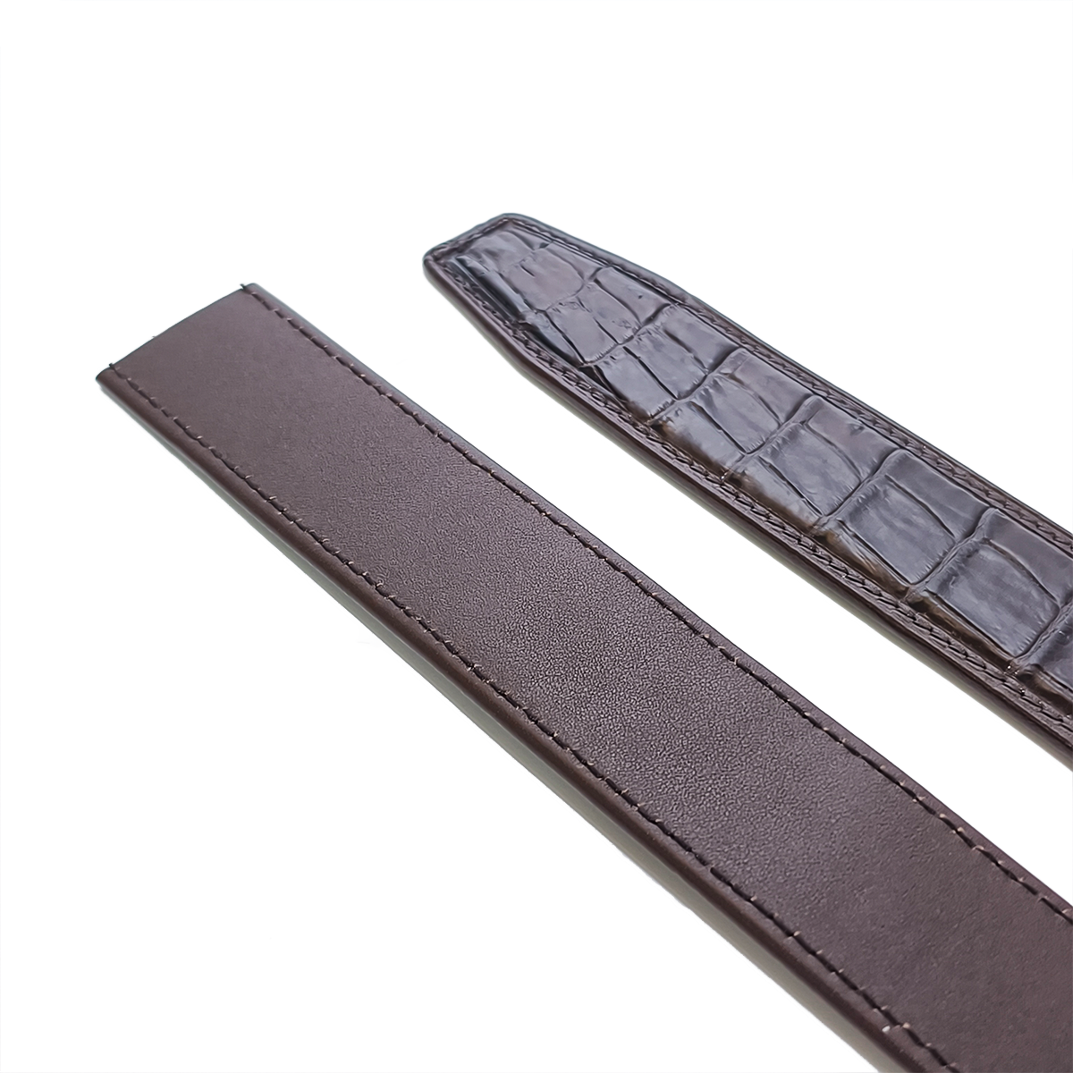 Handmade Genuine Alligator Horn Leather Ratchet Belt, Dark Brown High-Gloss Texture