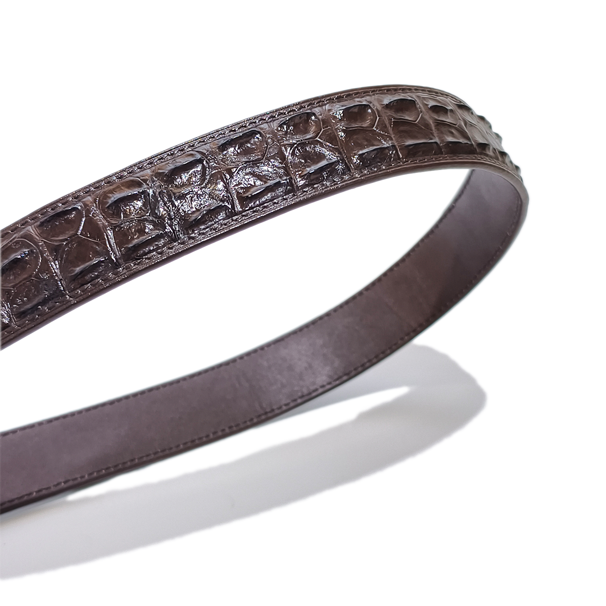 Handmade Genuine Alligator Horn Leather Ratchet Belt, Dark Brown High-Gloss Texture