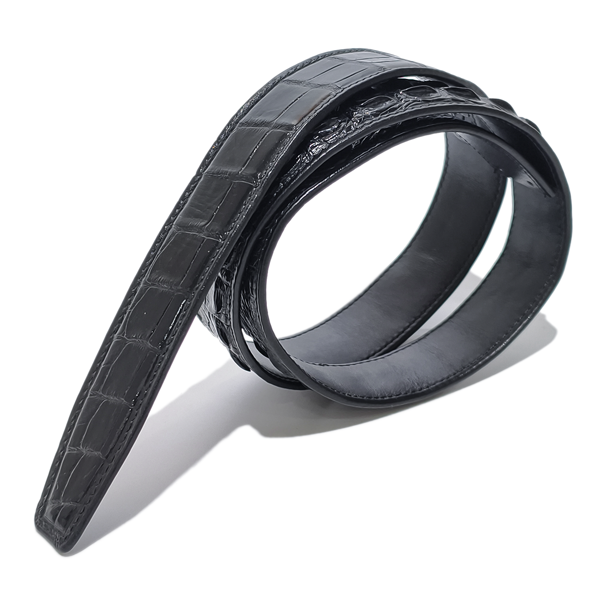 Handmade Genuine Alligator Horn Leather Ratchet Belt, Black High-Gloss Texture