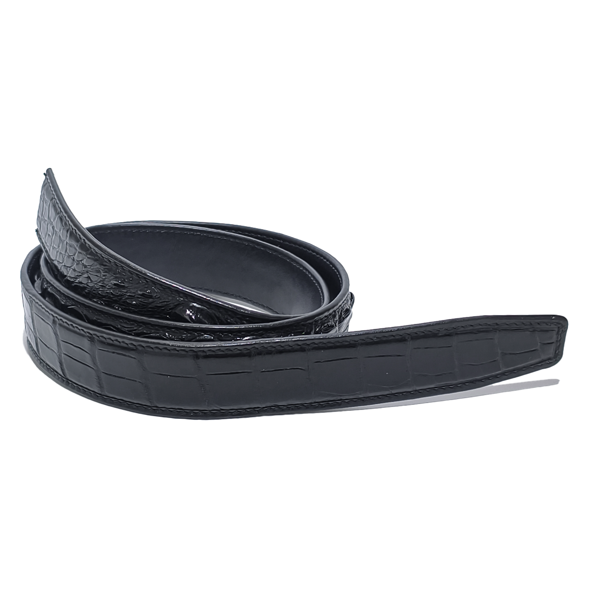 Handmade Genuine Alligator Horn Leather Ratchet Belt, Black High-Gloss Texture