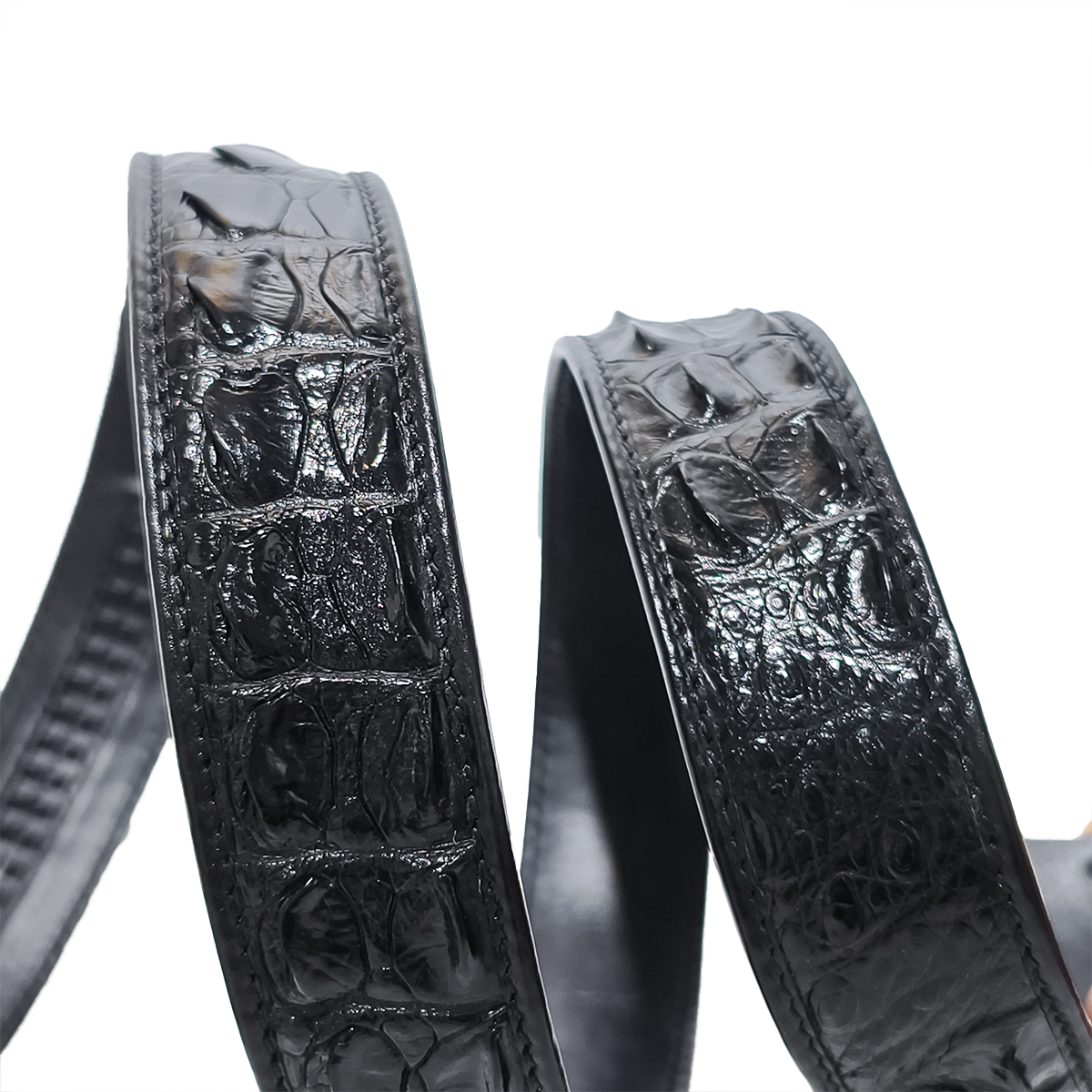 Handmade Genuine Alligator Horn Leather Ratchet Belt, Black High-Gloss Texture