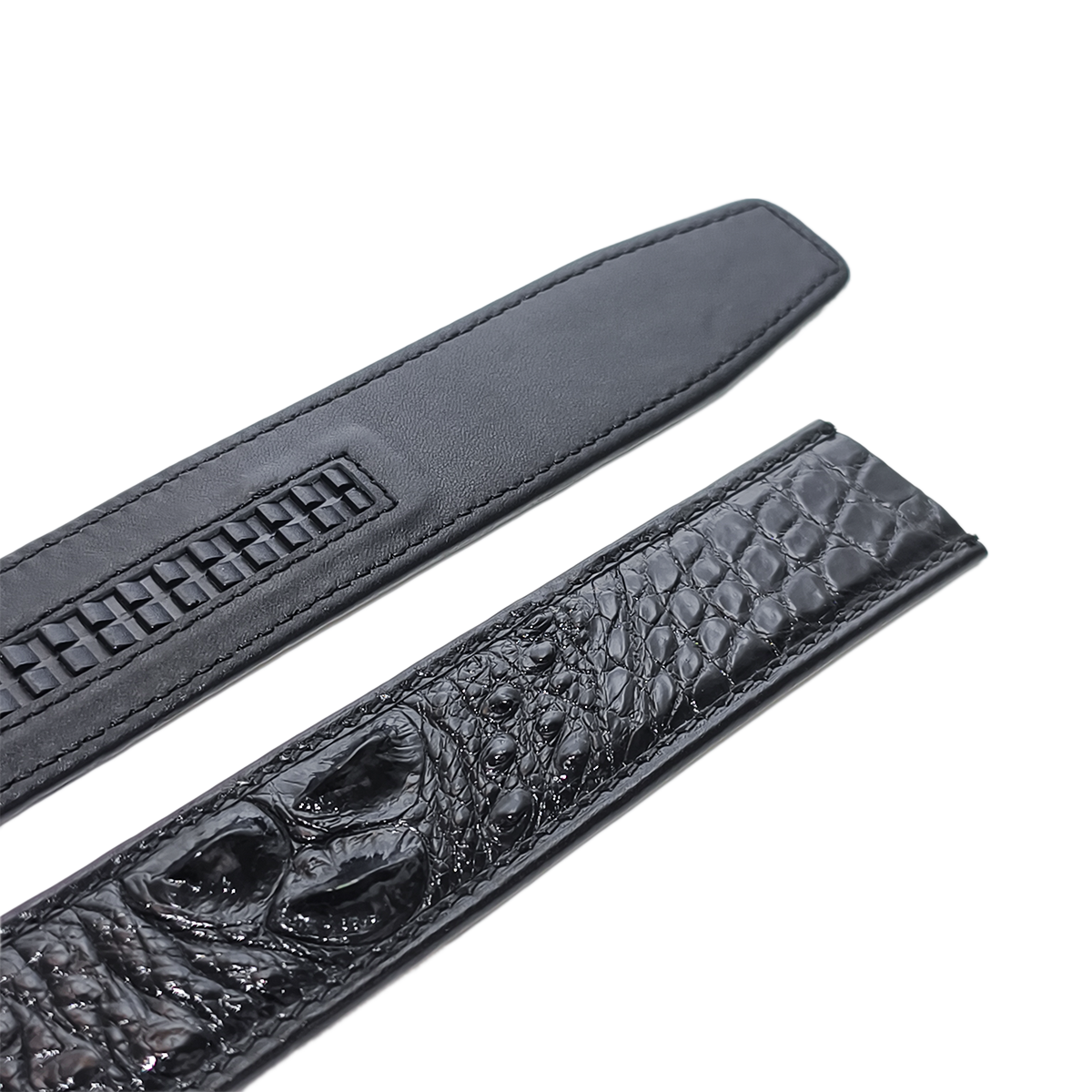 Handmade Genuine Alligator Horn Leather Ratchet Belt, Black High-Gloss Texture