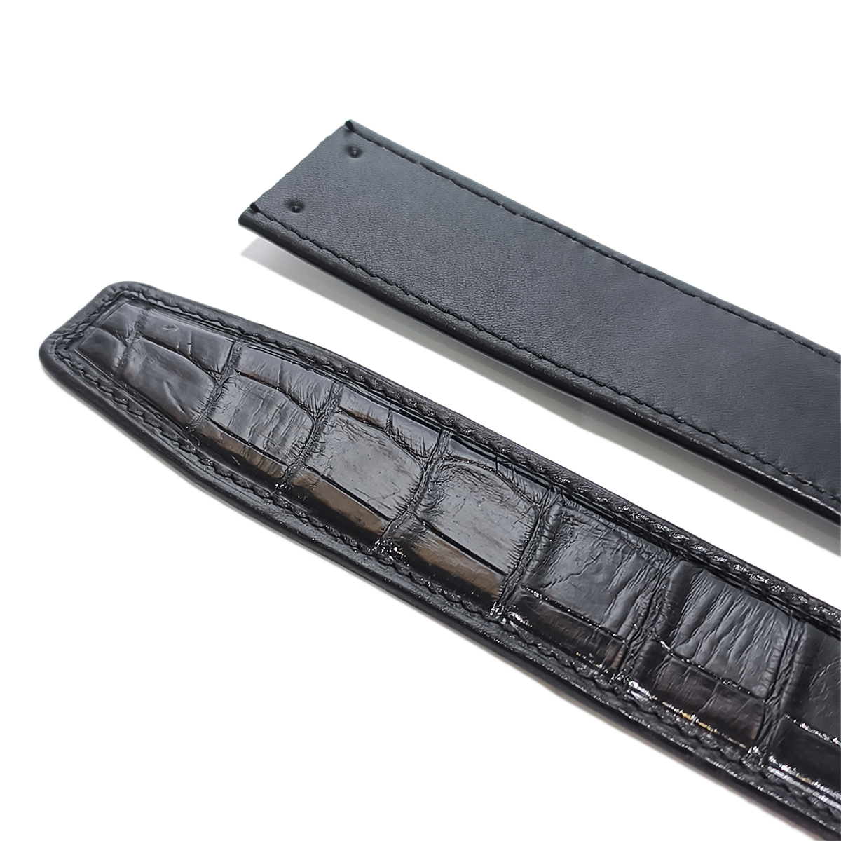 Handmade Genuine Alligator Horn Leather Ratchet Belt, Black High-Gloss Texture