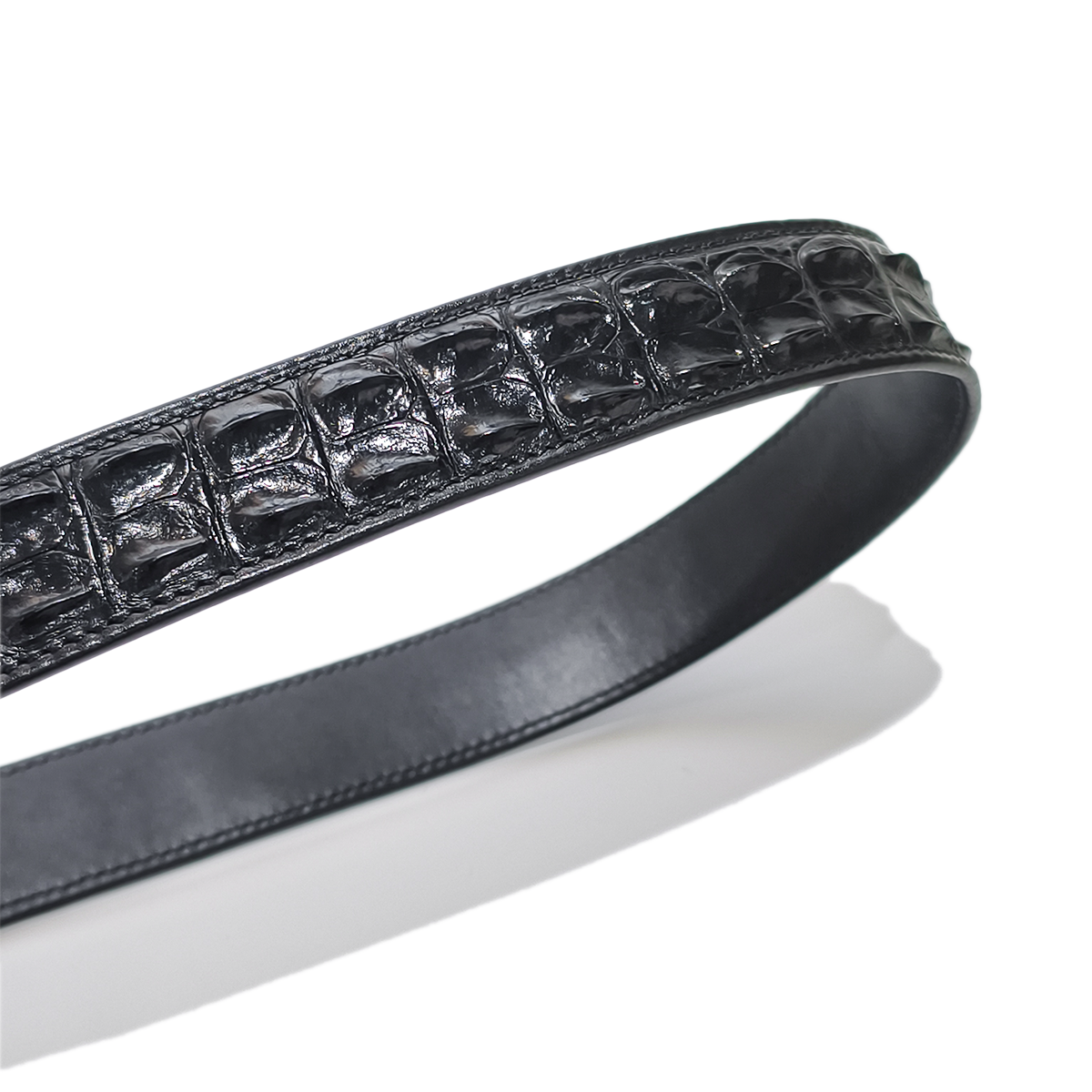 Handmade Genuine Alligator Horn Leather Ratchet Belt, Black High-Gloss Texture