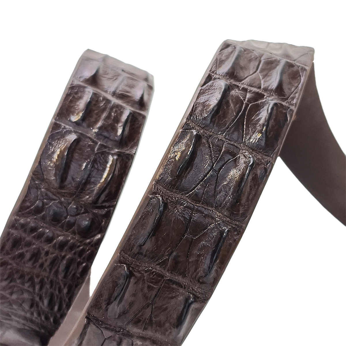 Handmade Genuine Alligator Horn Leather Pin Buckle Belt, Dark Brown High-Gloss Texture