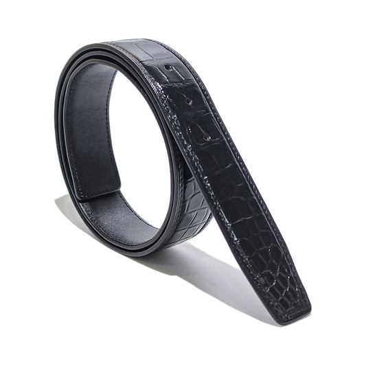 Handmade Genuine Alligator Leather Belt, Black Glossy With Natural Texture Fit for Prong Buckle