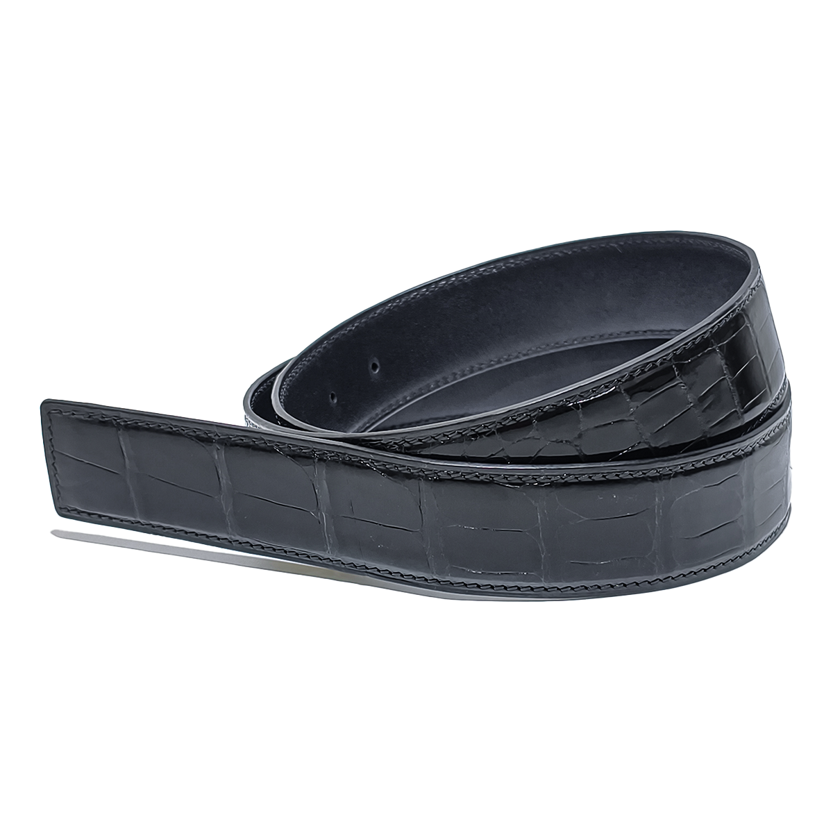 Handmade Real Alligator Leather Belt, Black Glossy Natural Texture for Prong Buckle