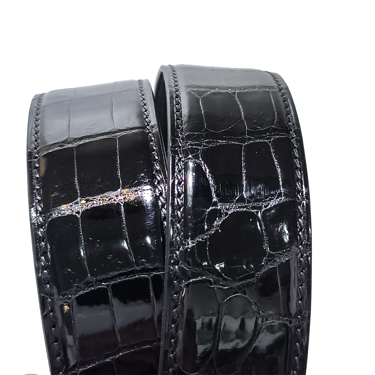 Handmade Real Alligator Leather Belt, Black Glossy Natural Texture for Prong Buckle