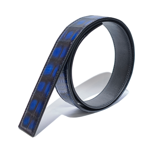 Handmade Genuine Alligator Leather Belt, Blue-Black Gradient Glossy Texture Fit for Prong Buckle