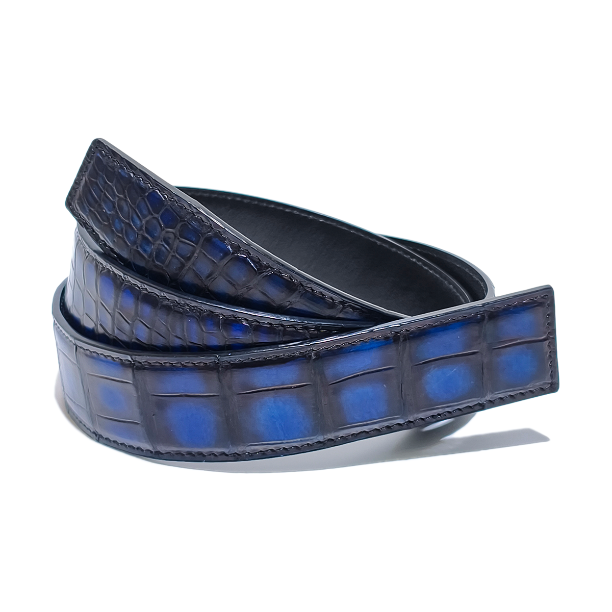 Handmade Genuine Alligator Leather Belt, Blue-Black Gradient Glossy Texture Fit for Prong Buckle