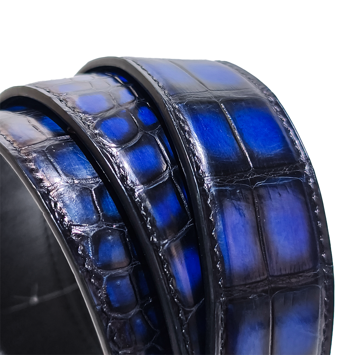 Handmade Genuine Alligator Leather Belt, Blue-Black Gradient Glossy Texture Fit for Prong Buckle