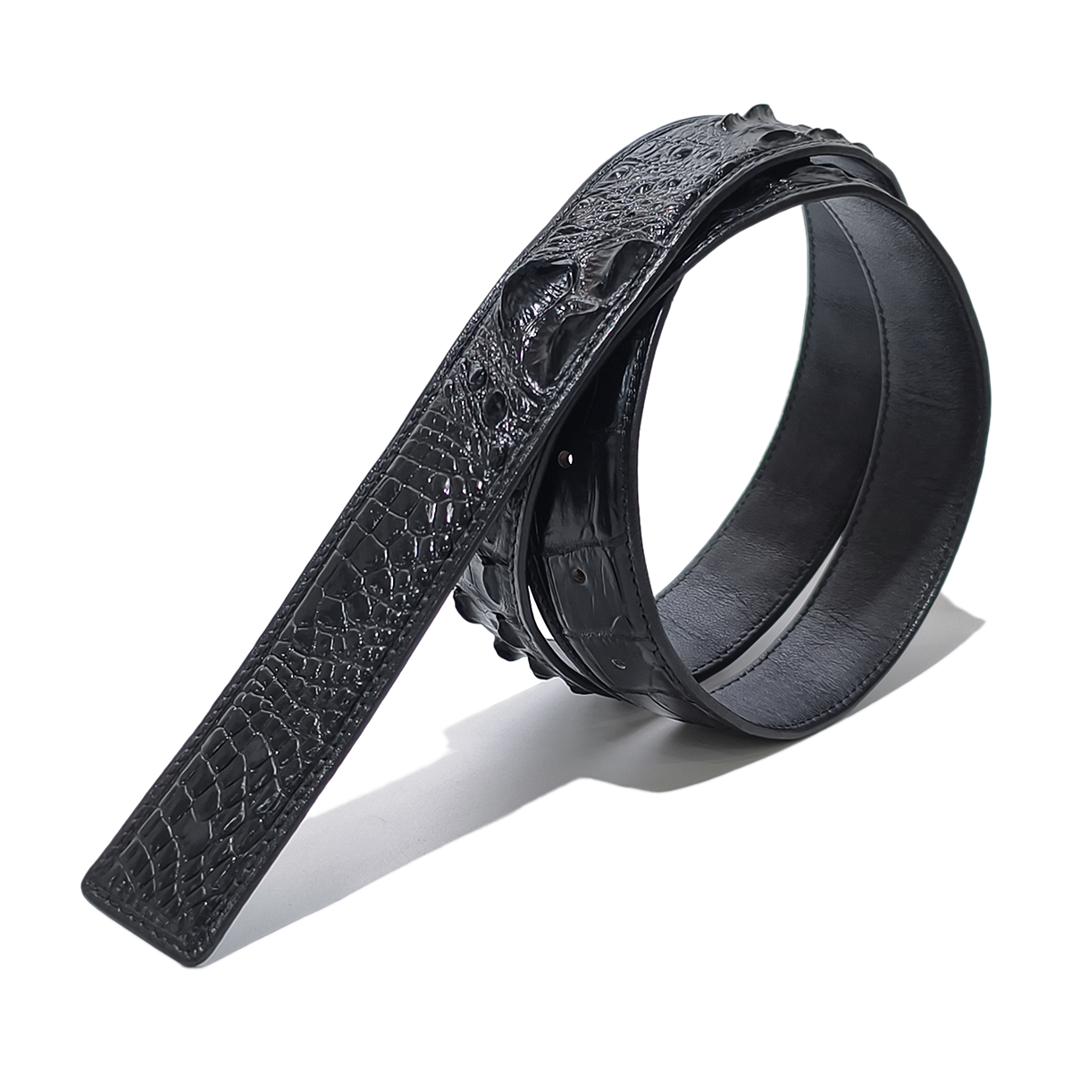 Handmade Genuine Alligator Horn Leather Belt, Black High-Gloss Texture Fit for Prong Buckle