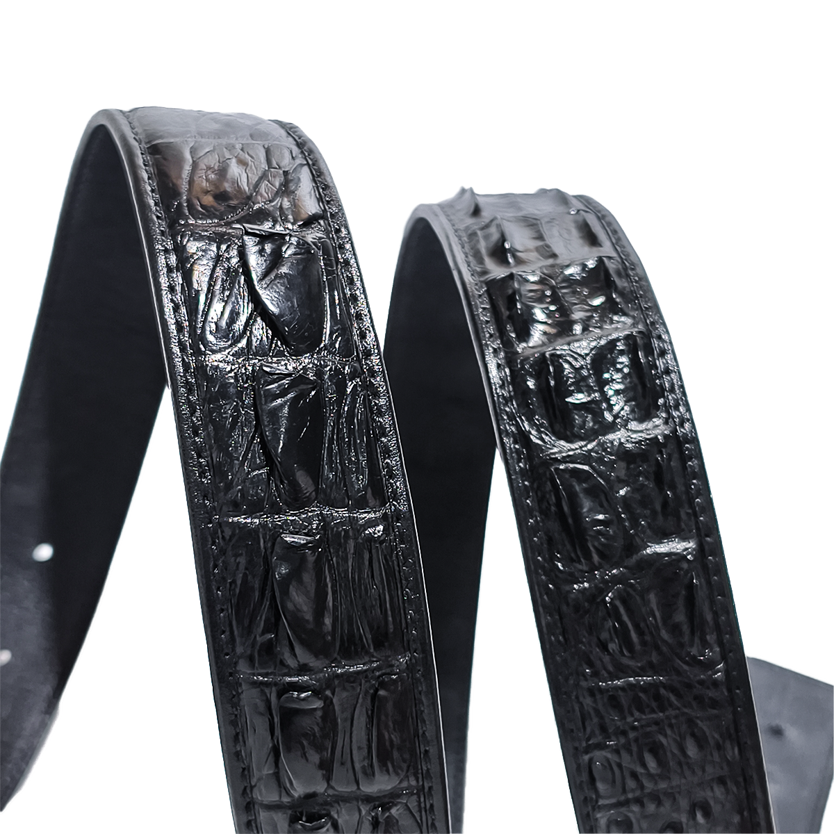 Handmade Genuine Alligator Horn Leather Belt, Black High-Gloss Texture Fit for Prong Buckle