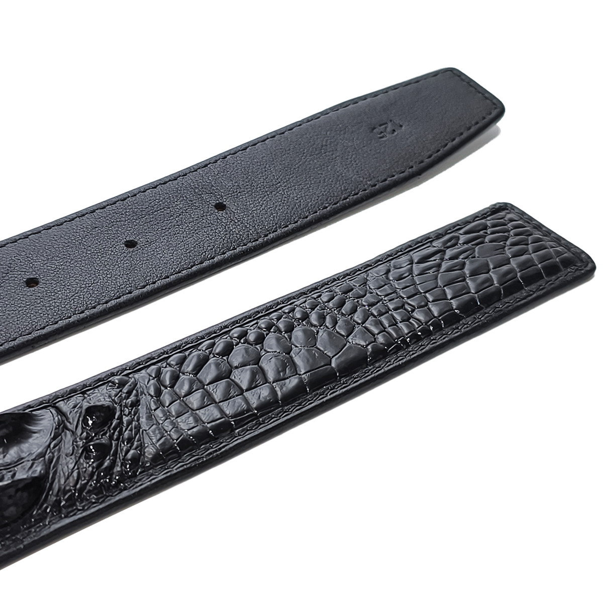Handmade Genuine Alligator Horn Leather Belt, Black High-Gloss Texture Fit for Prong Buckle