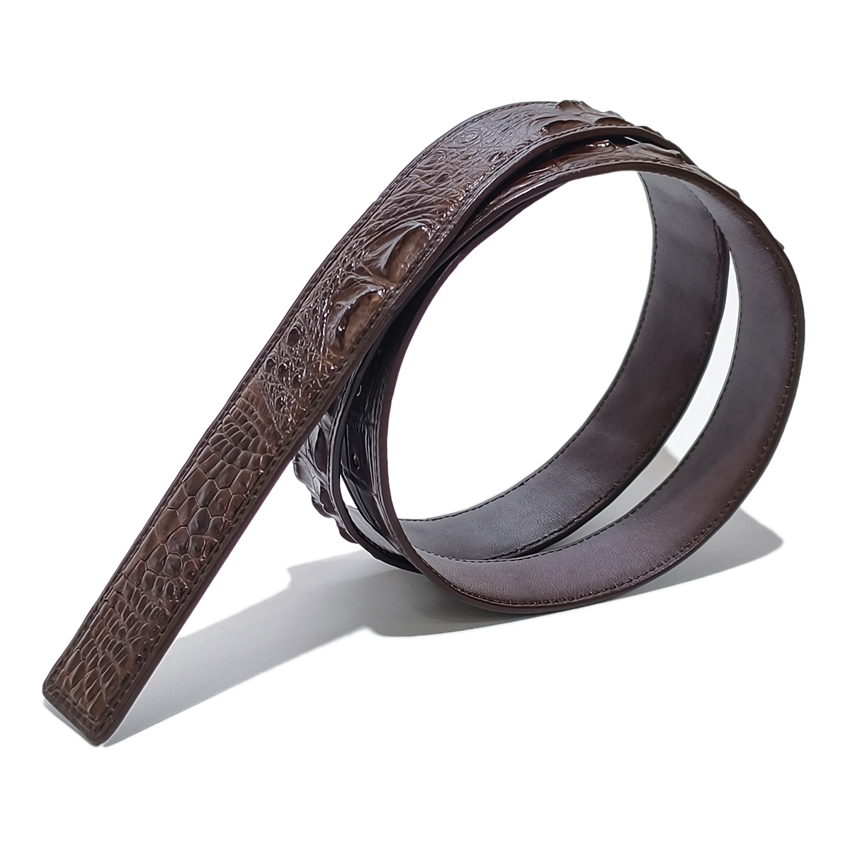 Handmade Genuine Alligator Horn Leather Belt, Dark Brown High-Gloss Texture Fit for Prong Buckle