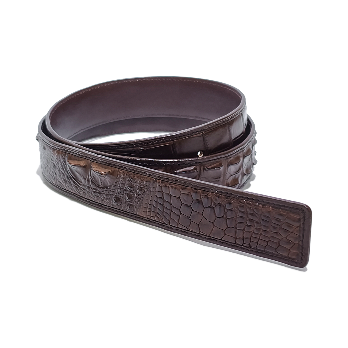 Handmade Genuine Alligator Horn Leather Belt, Dark Brown High-Gloss Texture Fit for Prong Buckle