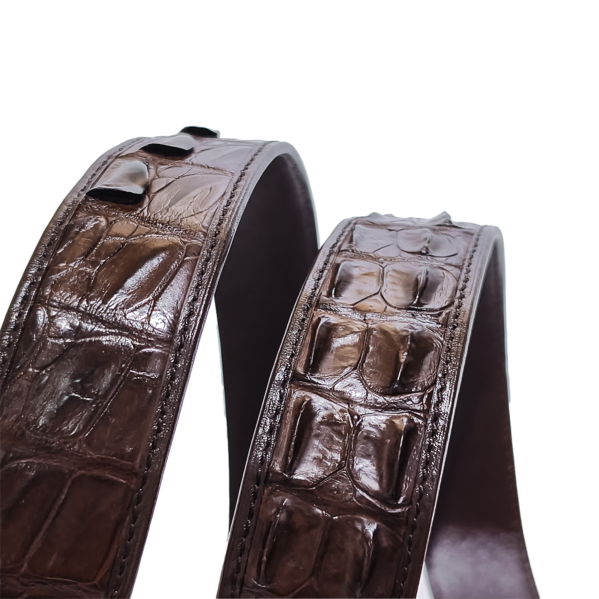 Handmade Genuine Alligator Horn Leather Belt, Dark Brown High-Gloss Texture Fit for Prong Buckle