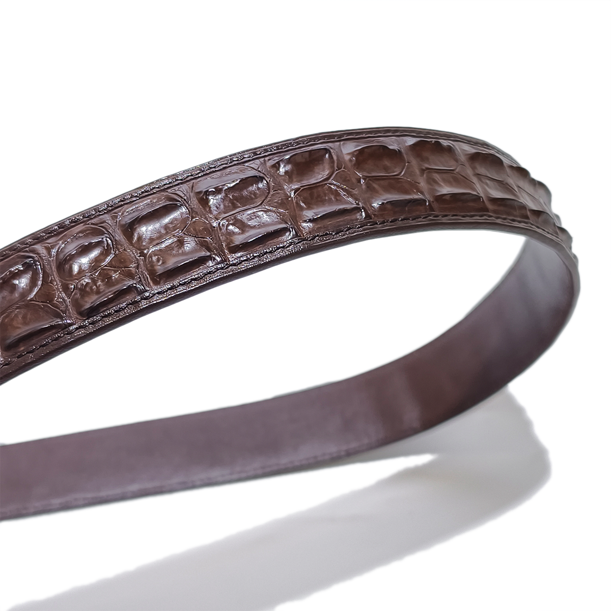 Handmade Genuine Alligator Horn Leather Belt, Dark Brown High-Gloss Texture Fit for Prong Buckle