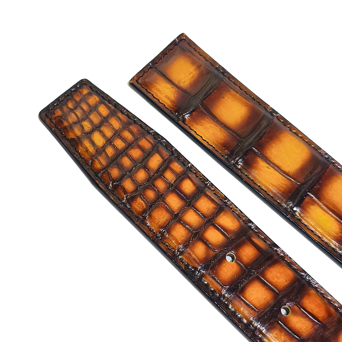 Handmade Genuine Alligator Leather Belt, Amber Brown Gradient Glossy Texture Fit for Prong Buckle