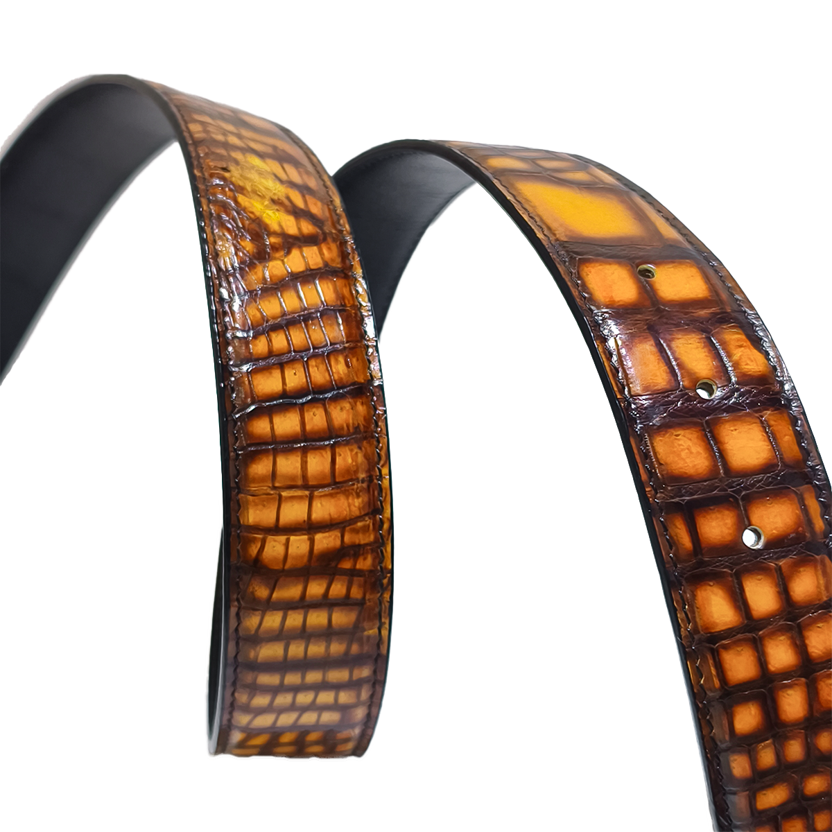 Handmade Genuine Alligator Leather Belt, Amber Brown Gradient Glossy Texture Fit for Prong Buckle