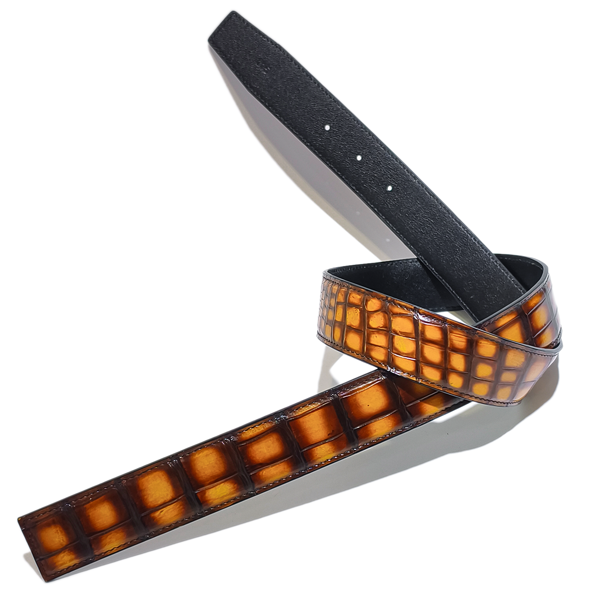 Handmade Genuine Alligator Leather Belt, Amber Brown Gradient Glossy Texture Fit for Prong Buckle