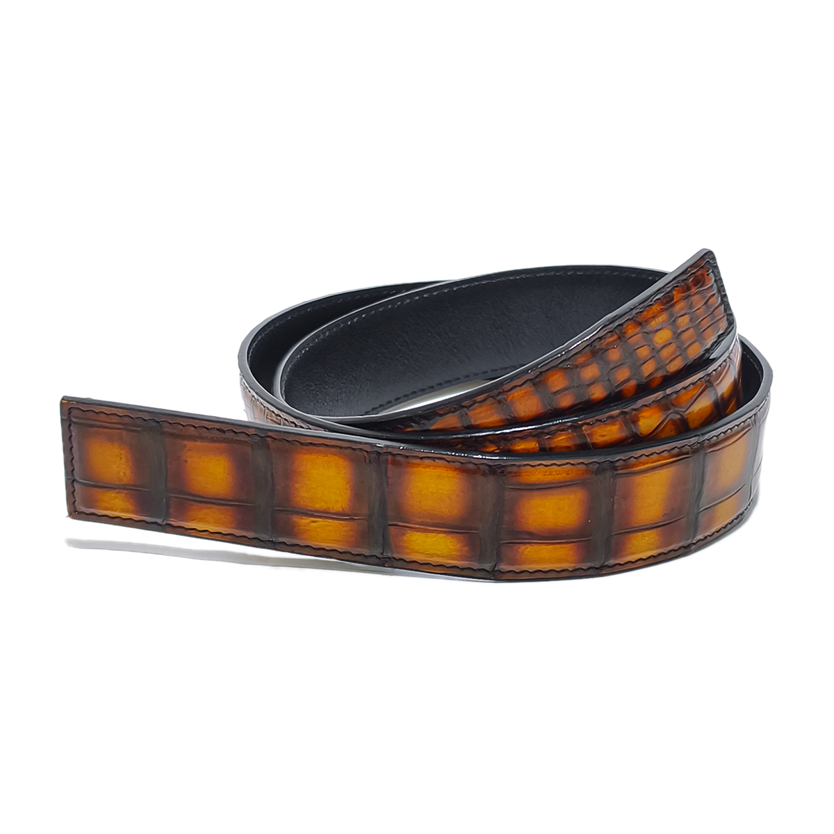 Handmade Genuine Alligator Leather Belt, Amber Brown Gradient Glossy Texture Fit for Prong Buckle
