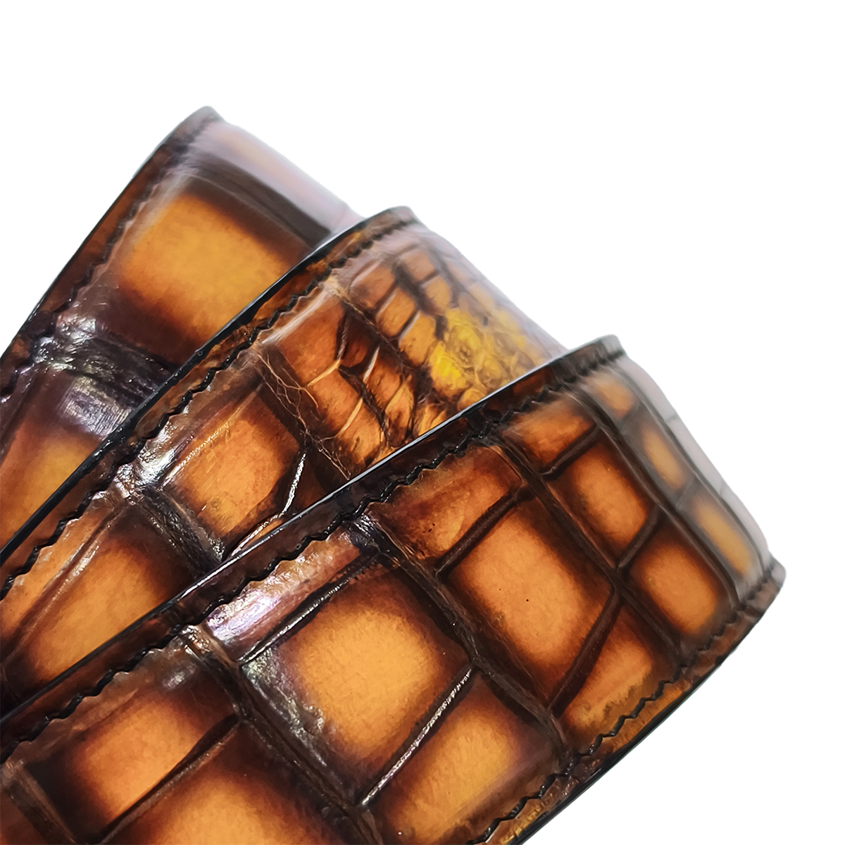 Handmade Genuine Alligator Leather Belt, Amber Brown Gradient Glossy Texture Fit for Prong Buckle