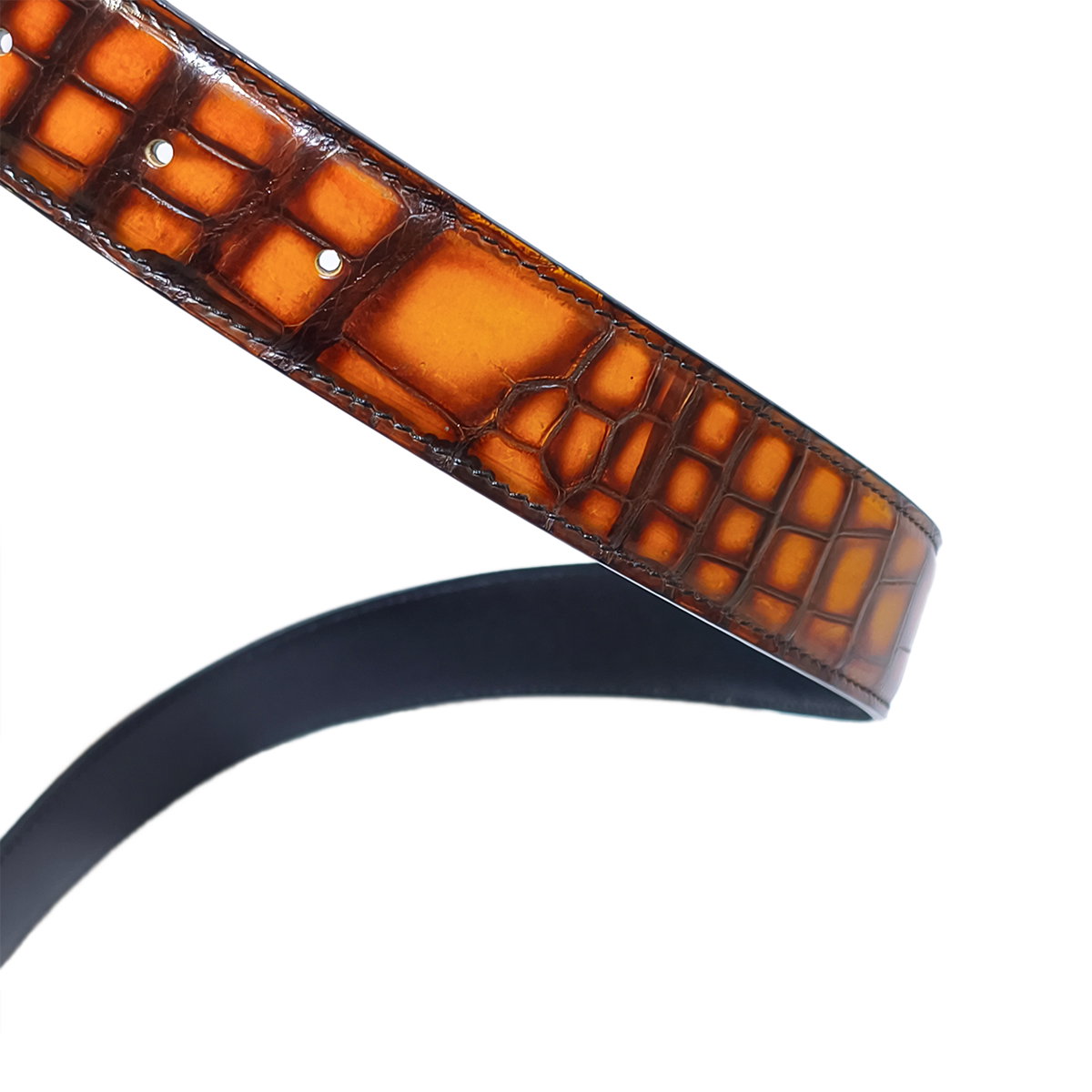 Handmade Genuine Alligator Leather Belt, Amber Brown Gradient Glossy Texture Fit for Prong Buckle