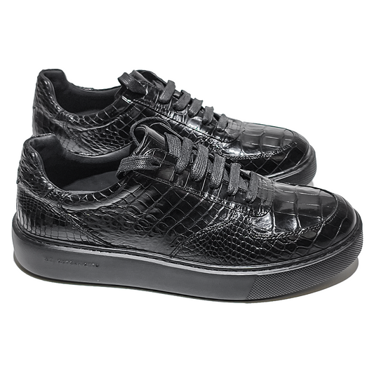 Handmade Genuine Alligator Belly Leather Low-Top Sneakers, Glossy Black Chunky Sole Design
