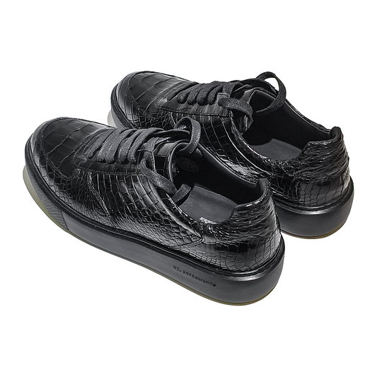 Handmade Genuine Alligator Belly Leather Low-Top Sneakers, Glossy Black Chunky Sole Design