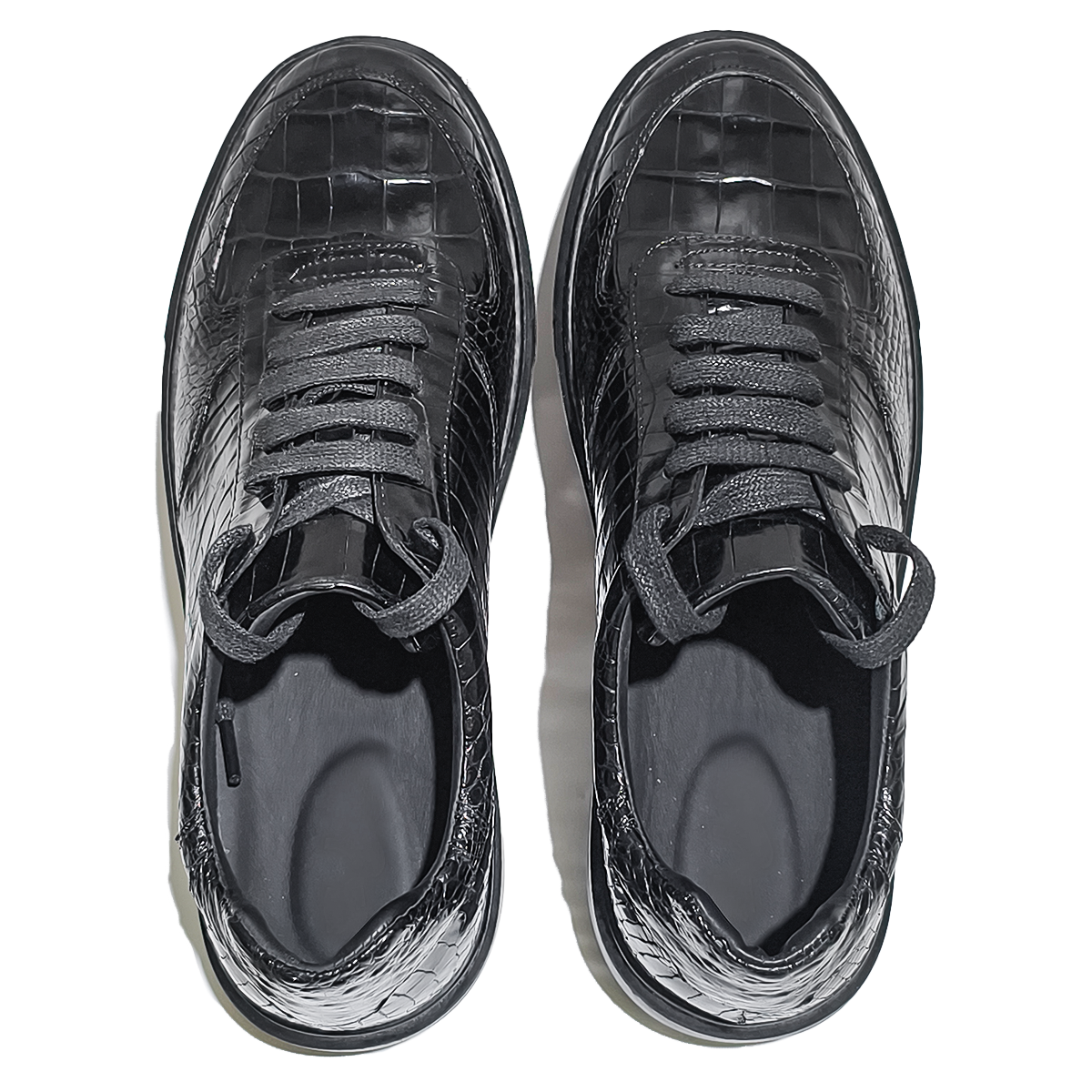 Handmade Genuine Alligator Belly Leather Low-Top Sneakers, Glossy Black Chunky Sole Design