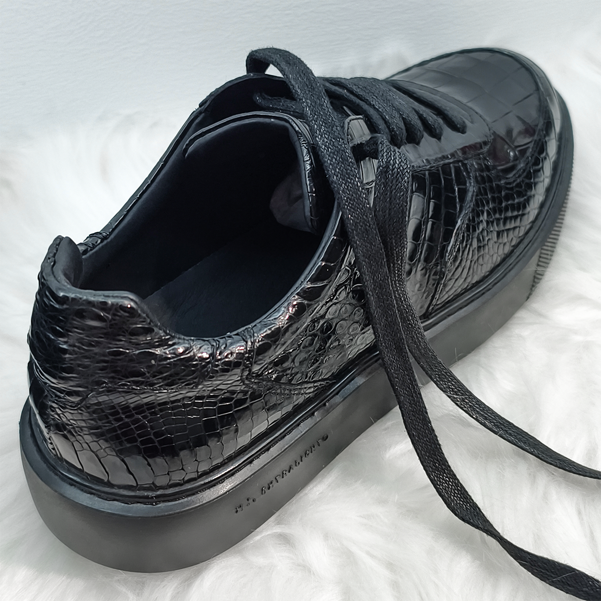 Handmade Genuine Alligator Belly Leather Low-Top Sneakers, Glossy Black Chunky Sole Design