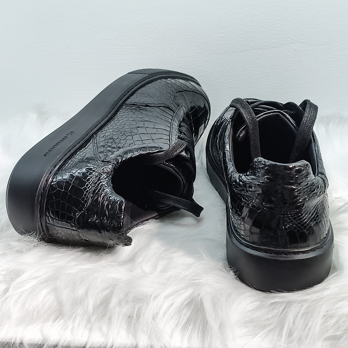 Handmade Genuine Alligator Belly Leather Low-Top Sneakers, Glossy Black Chunky Sole Design