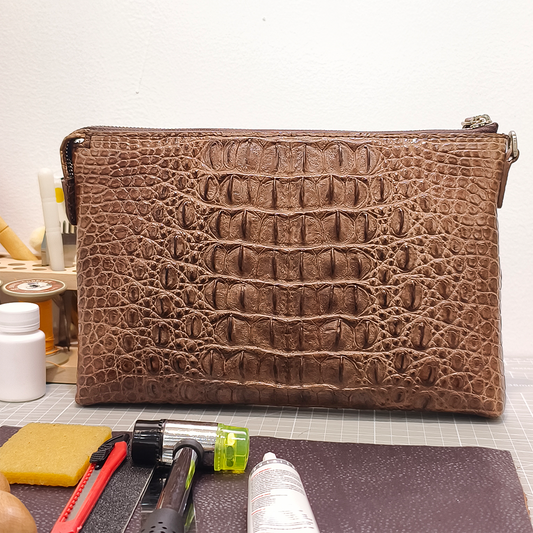 Handmade Genuine Alligator Clutch Bag, Glossy Brown Natural Texture Artisanal Zip-around Purse with Wrist Strap