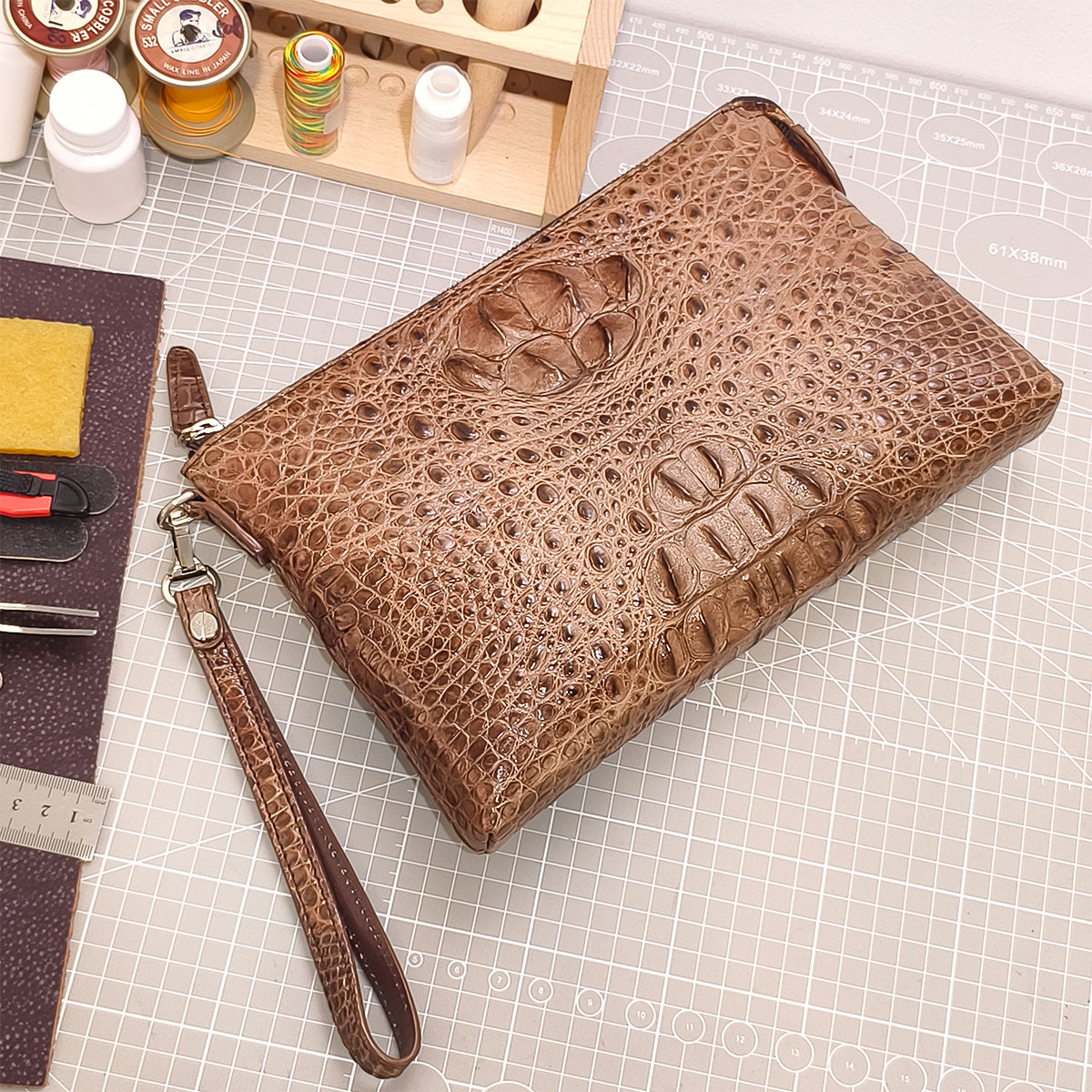 Handmade Genuine Alligator Clutch Bag, Glossy Brown Natural Texture Artisanal Zip-around Purse with Wrist Strap