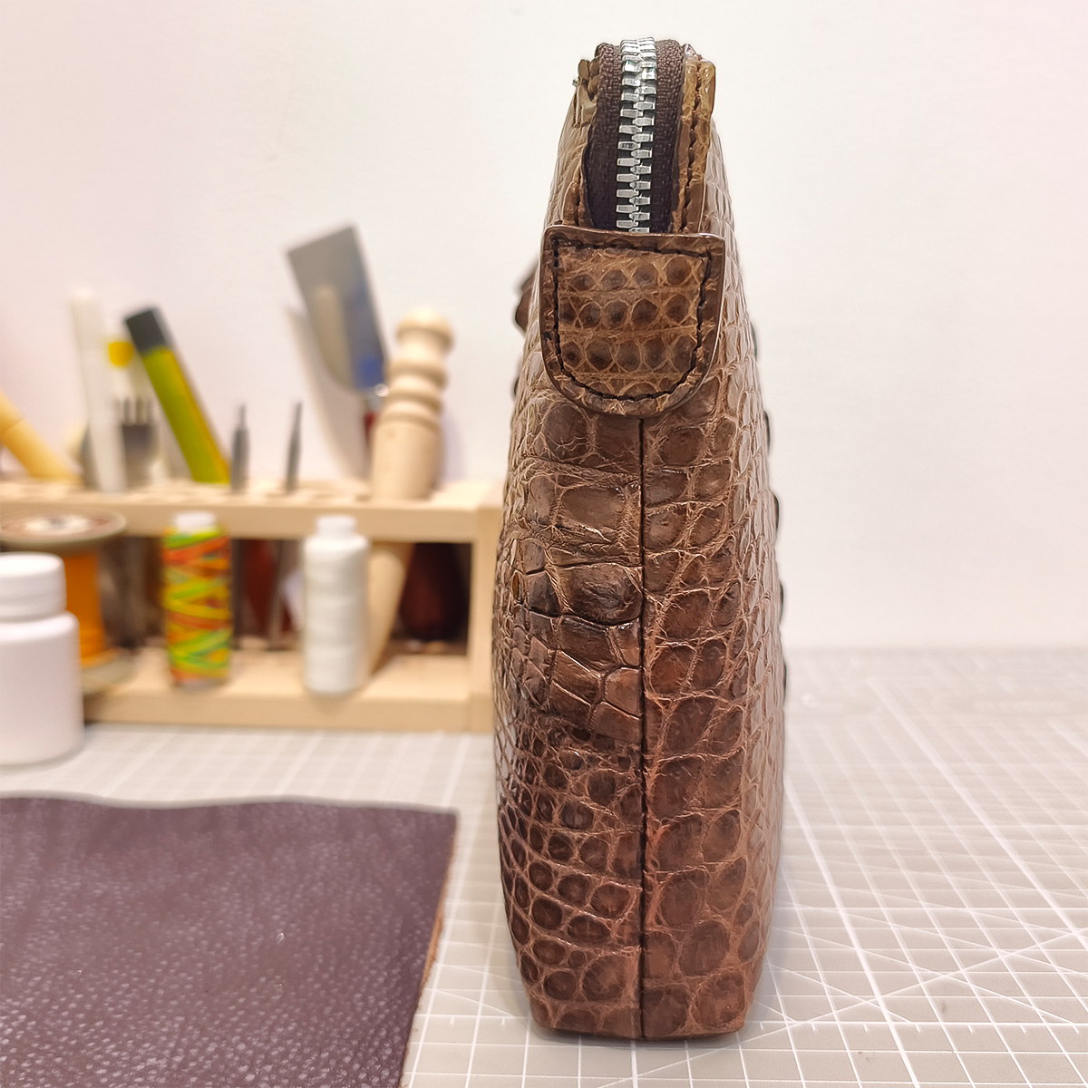 Handmade Genuine Alligator Clutch Bag, Glossy Brown Natural Texture Artisanal Zip-around Purse with Wrist Strap