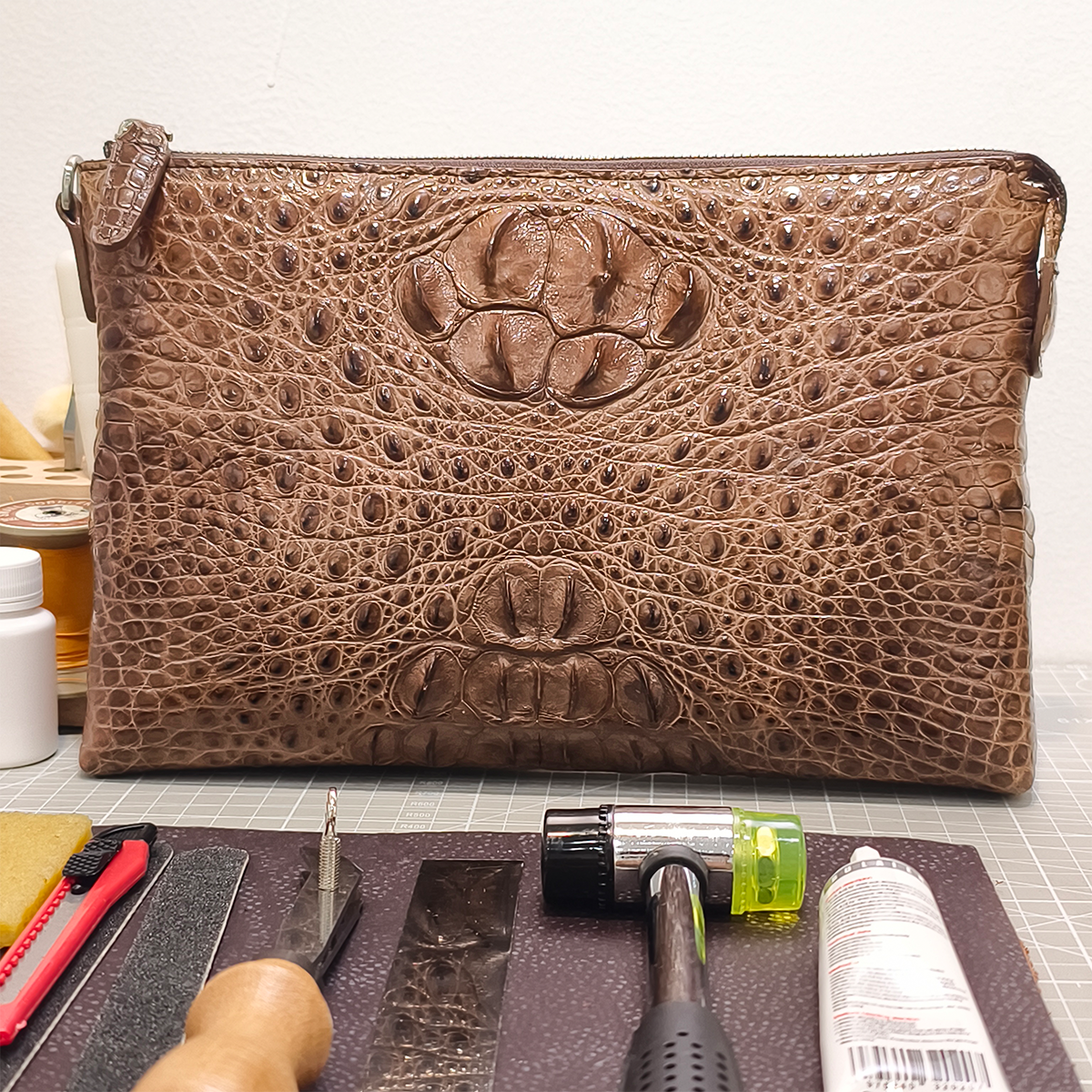 Handmade Genuine Alligator Clutch Bag, Glossy Brown Natural Texture Artisanal Zip-around Purse with Wrist Strap