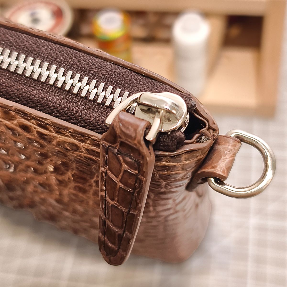 Handmade Genuine Alligator Clutch Bag, Glossy Brown Natural Texture Artisanal Zip-around Purse with Wrist Strap