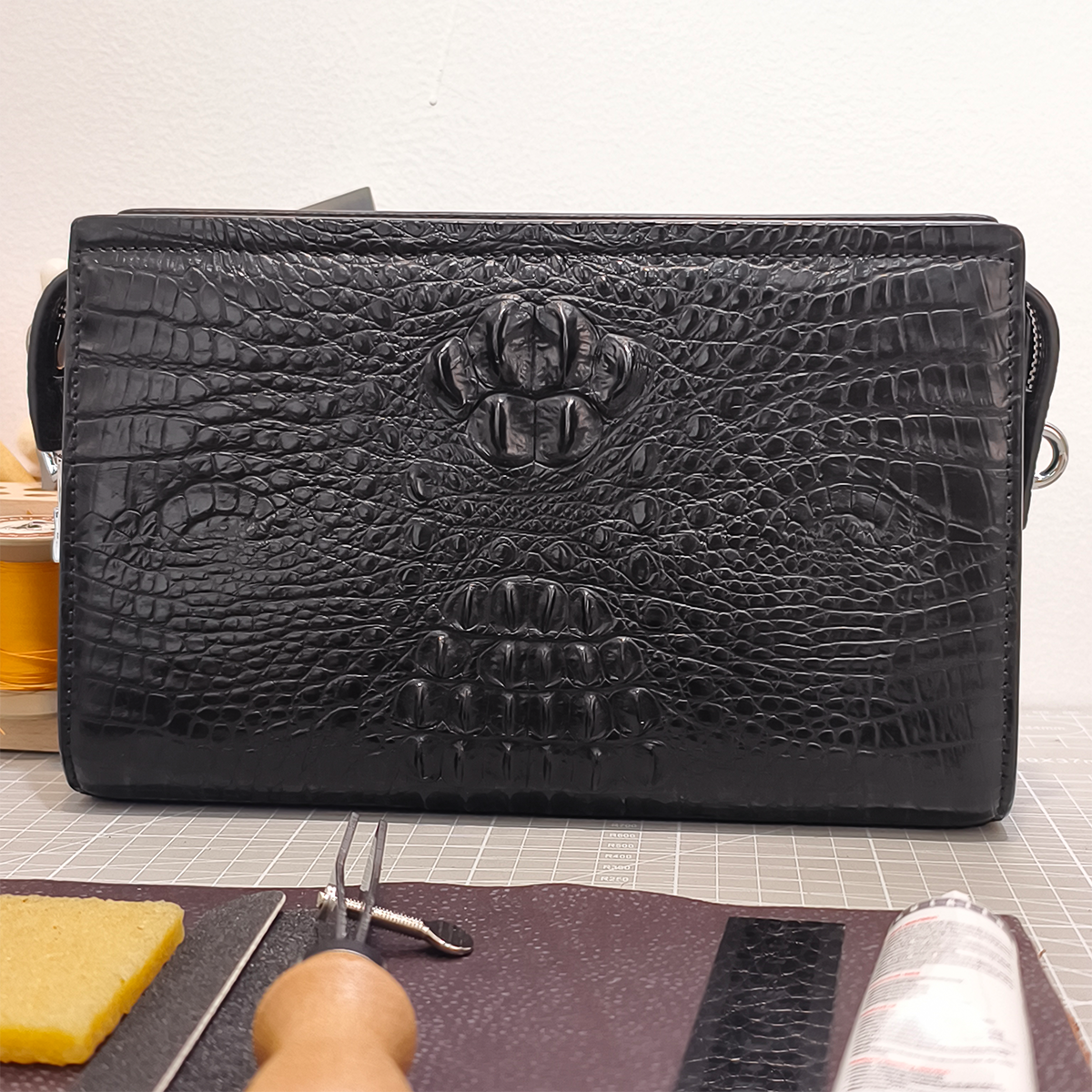 Handmade Genuine Alligator Clutch Bag, Glossy Black Purse with Lock And Wrist Strap