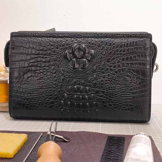 Handmade Genuine Alligator Clutch Bag, Glossy Black Purse with Lock And Wrist Strap