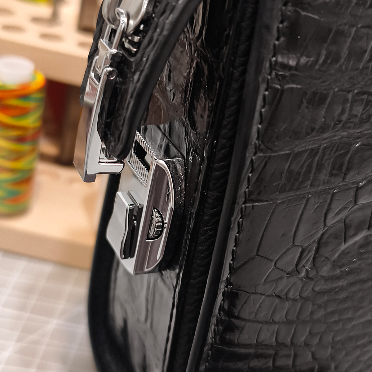 Handmade Genuine Alligator Clutch Bag, Glossy Black Purse with Lock And Wrist Strap